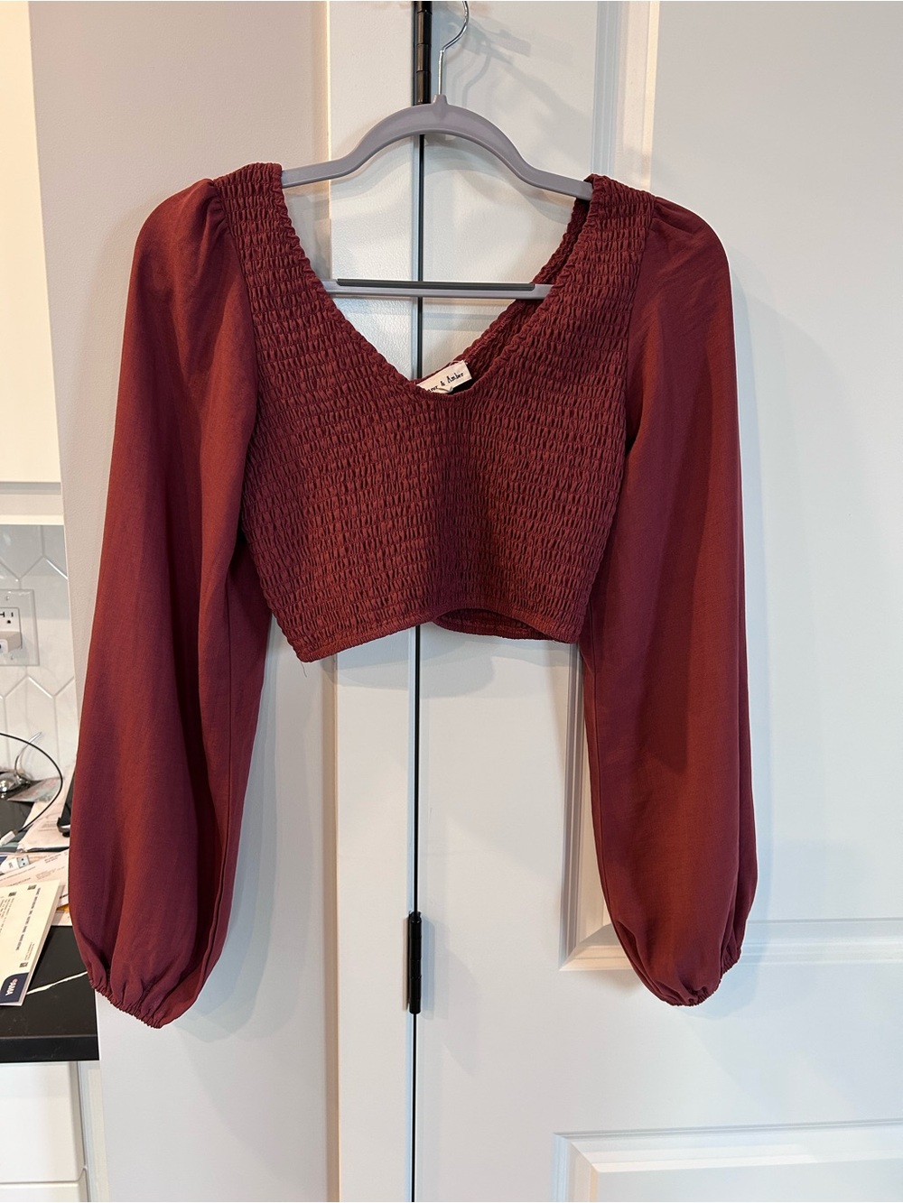 Aaron & Amber Smocked V-Neck Long Sleeve Ruched Crop Top Maroon Cottagecore Boho